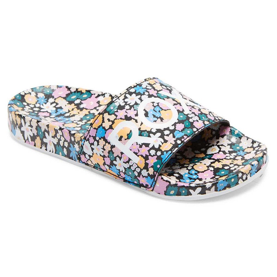 Kids ROXY Slides And Thongs | Roxy Slippy Printed Girls Slides Black/Floral