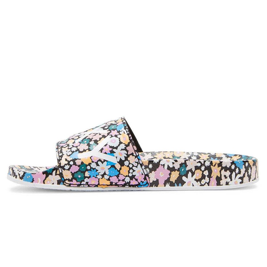 Kids ROXY Boys Shoes | Roxy Slippy Printed Girls Slides Black/Floral