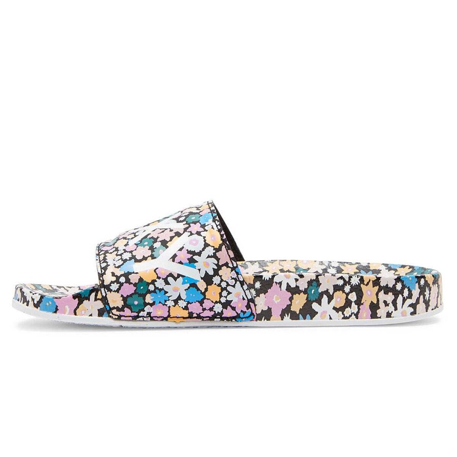 Kids ROXY Slides And Thongs | Roxy Slippy Printed Girls Slides Black/Floral