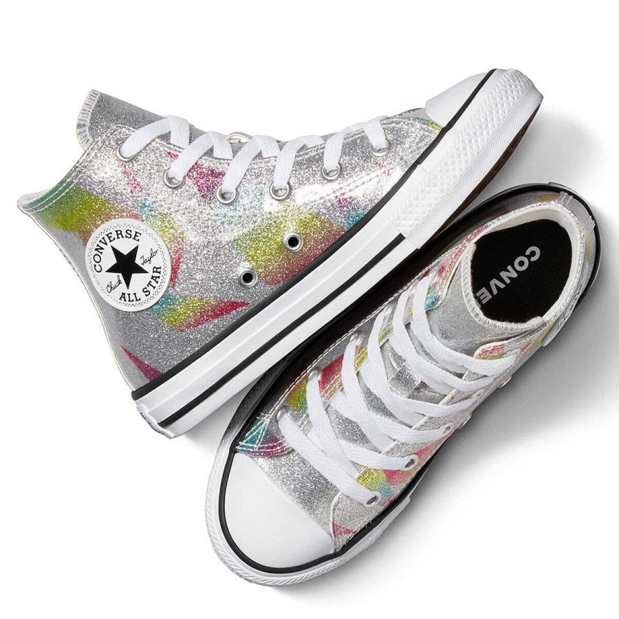 Kids Converse Girls Shoes | Converse Chuck Taylor All Star High Prism Glitter Kids Casual Shoes Silver